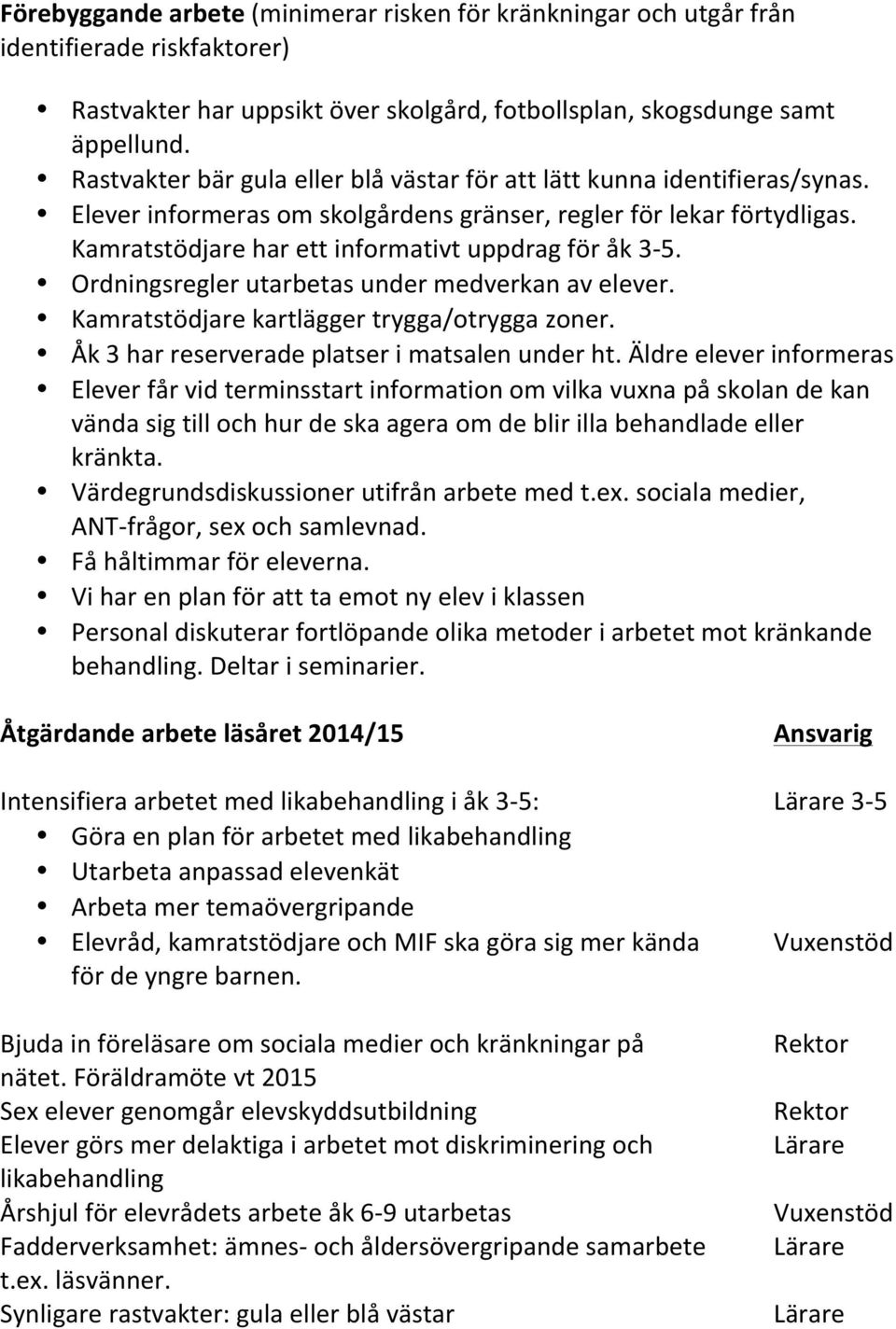 Kamratstödjare har ett informativt uppdrag för åk 3-5. Ordningsregler utarbetas under medverkan av elever. Kamratstödjare kartlägger trygga/otrygga zoner.