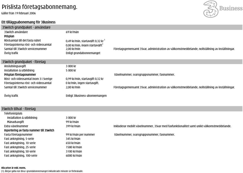 Övrig trafik Enligt grundabonnemanget 3Switch grundpaket - företag Anslutningsavgift 3 000 kr Installation & utbildning 5 000 kr Prisplan företagsnummer Växelnummer, svarsgruppsnummer, faxnummer.