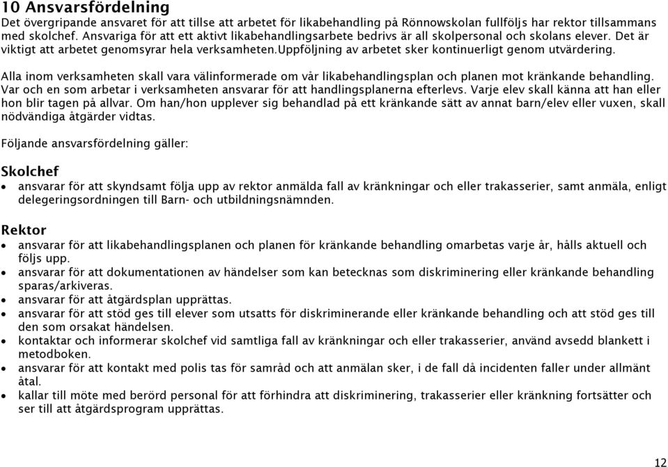 uppföljning av arbetet sker kontinuerligt genom utvärdering. Alla inom verksamheten skall vara välinformerade om vår likabehandlingsplan och planen mot kränkande behandling.