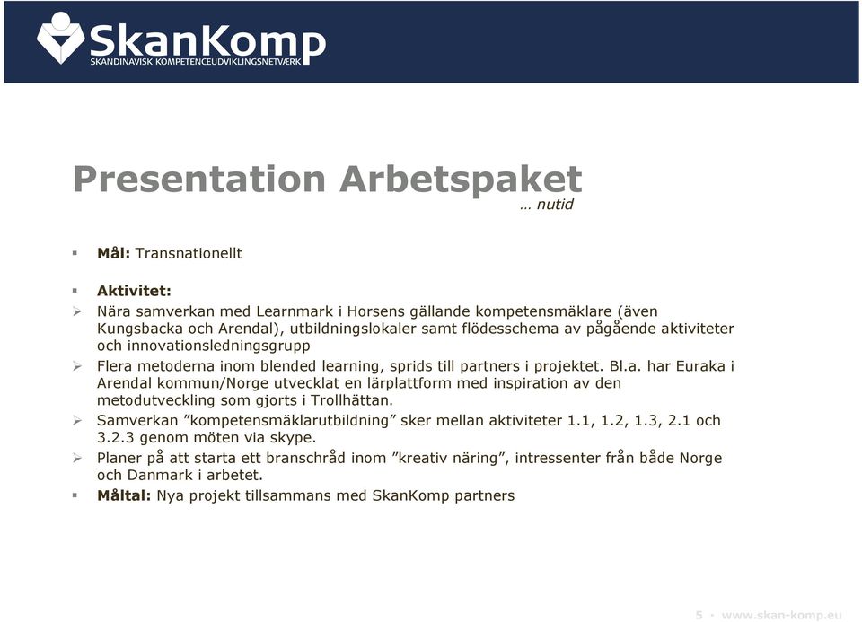 Samverkan kompetensmäklarutbildning sker mellan aktiviteter 1.1, 1.2, 1.3, 2.1 och 3.2.3 genom möten via skype.