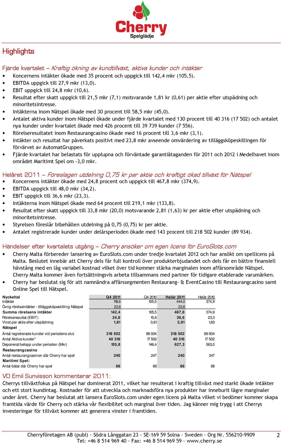 Intäkterna inom Nätspel ökade med 30 procent till 58,5 mkr (45,0).