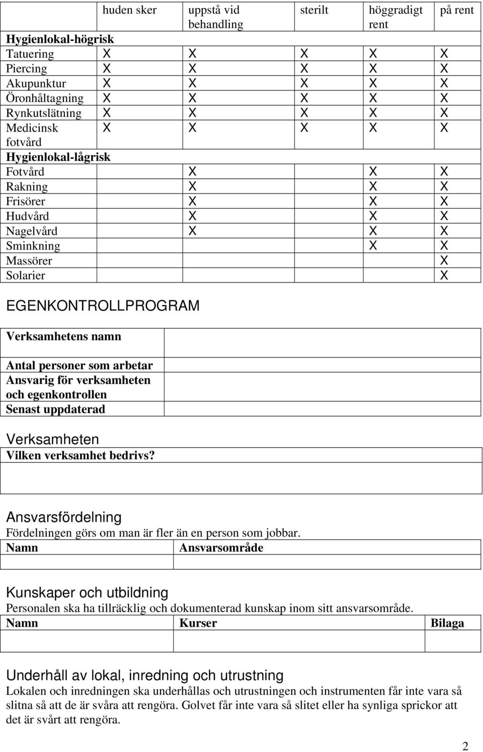 arbetar Ansvarig för verksamheten och egenkontrollen Senast uppdaterad Verksamheten Vilken verksamhet bedrivs? på rent X X Ansvarsfördelning Fördelningen görs om man är fler än en person som jobbar.