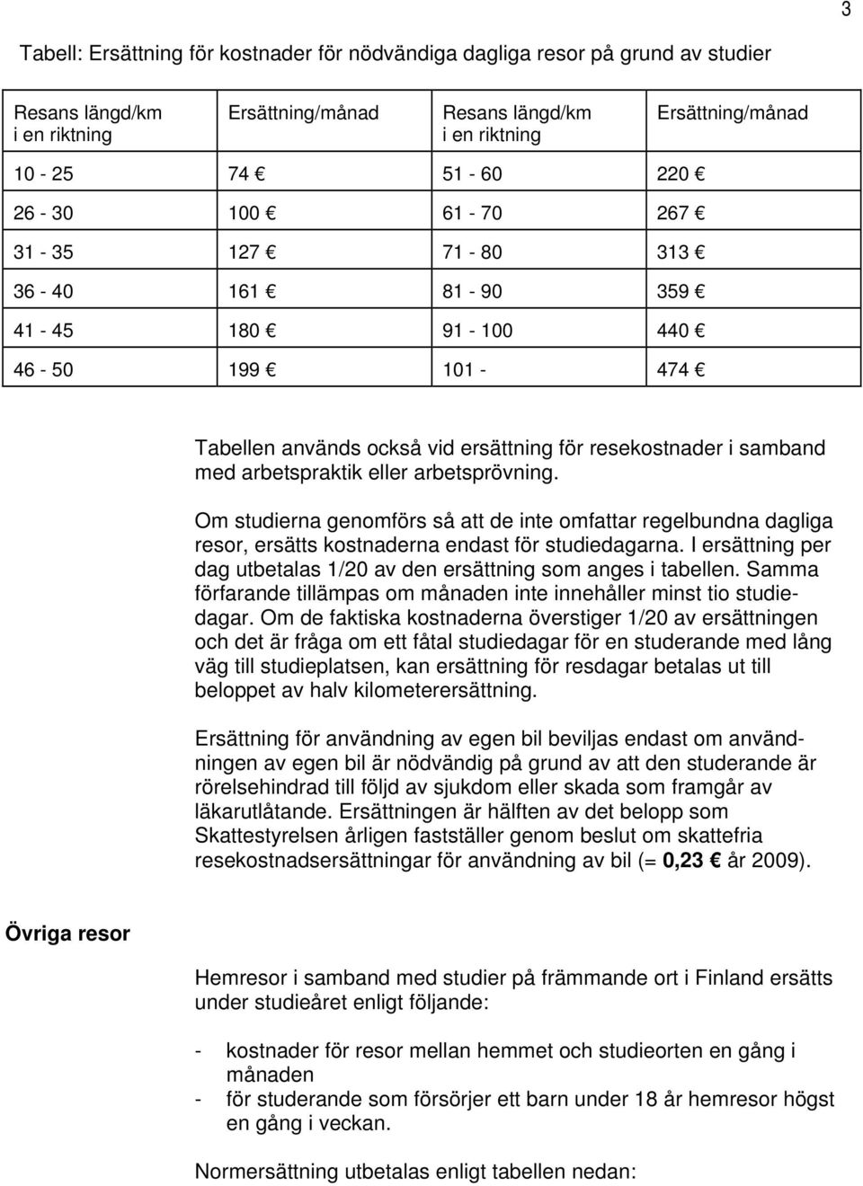 arbetsprövning. Om studierna genomförs så att de inte omfattar regelbundna dagliga resor, ersätts kostnaderna endast för studiedagarna.