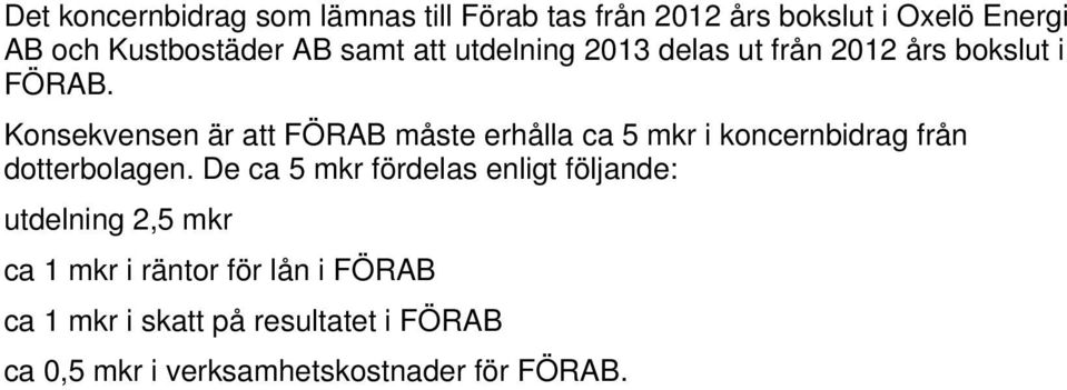 Konsekvensen är att FÖRAB måste erhålla ca 5 mkr i koncernbidrag från dotterbolagen.