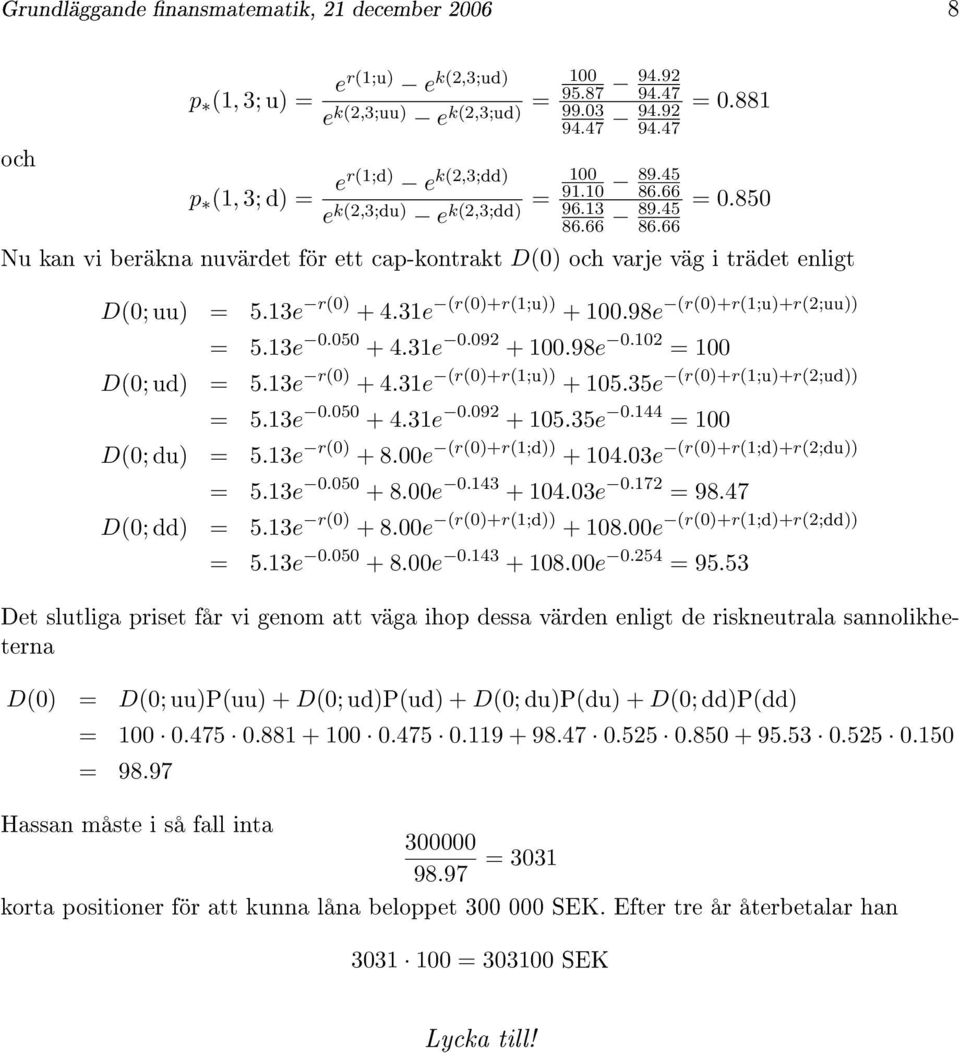 31e (r(0)+r(1;u)) + 100.98e (r(0)+r(1;u)+r(2;uu)) = 5.13e 0.050 + 4.31e 0.092 + 100.98e 0.102 = 100 D(0;ud) = 5.13e r(0) + 4.31e (r(0)+r(1;u)) + 105.35e (r(0)+r(1;u)+r(2;ud)) = 5.13e 0.050 + 4.31e 0.092 + 105.