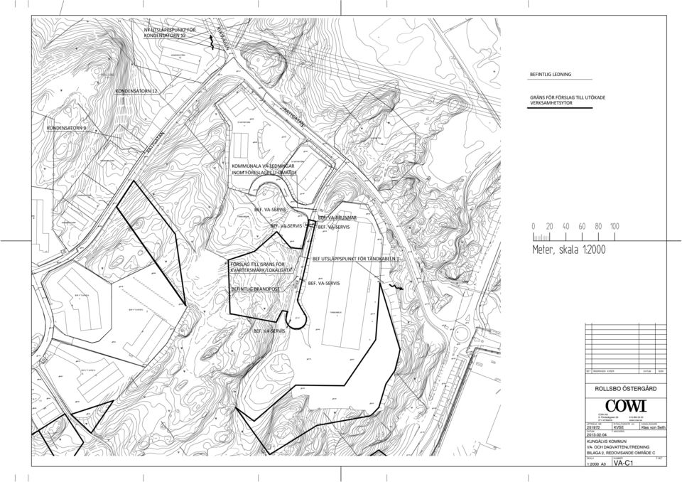 VA-BRUNNAR BEF. VA-SERVIS BEF. VA-SERVIS FÖRSLAG TILL GRÄNS FÖR KVARTERSMARK/LOKALGATA BEFINTLIG BRANDPOST BEF UTSLÄPPSPUNKT FÖR TÄNDKABELN 1 BEF.
