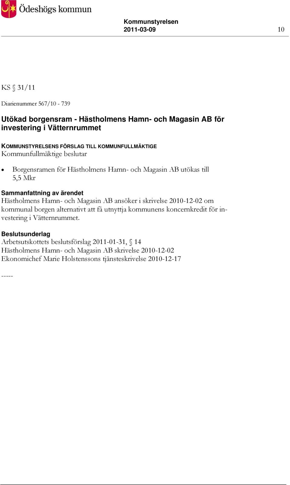 Magasin AB ansöker i skrivelse 2010-12-02 om kommunal borgen alternativt att få utnyttja kommunens koncernkredit för investering i Vätternrummet.