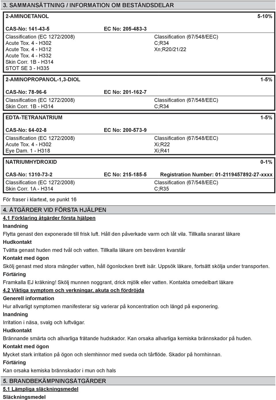 1B - H314 C;R34 EDTA-TETRANATRIUM 1-5% CAS-No: 64-02-8 EC No: 200-573-9 Acute Tox. 4 - H302 Eye Dam. 1 - H318 Xi;R22 Xi;R41 NATRIUMHYDROXID CAS-No: 1310-73-2 EC No: 215-185-5 Skin Corr.