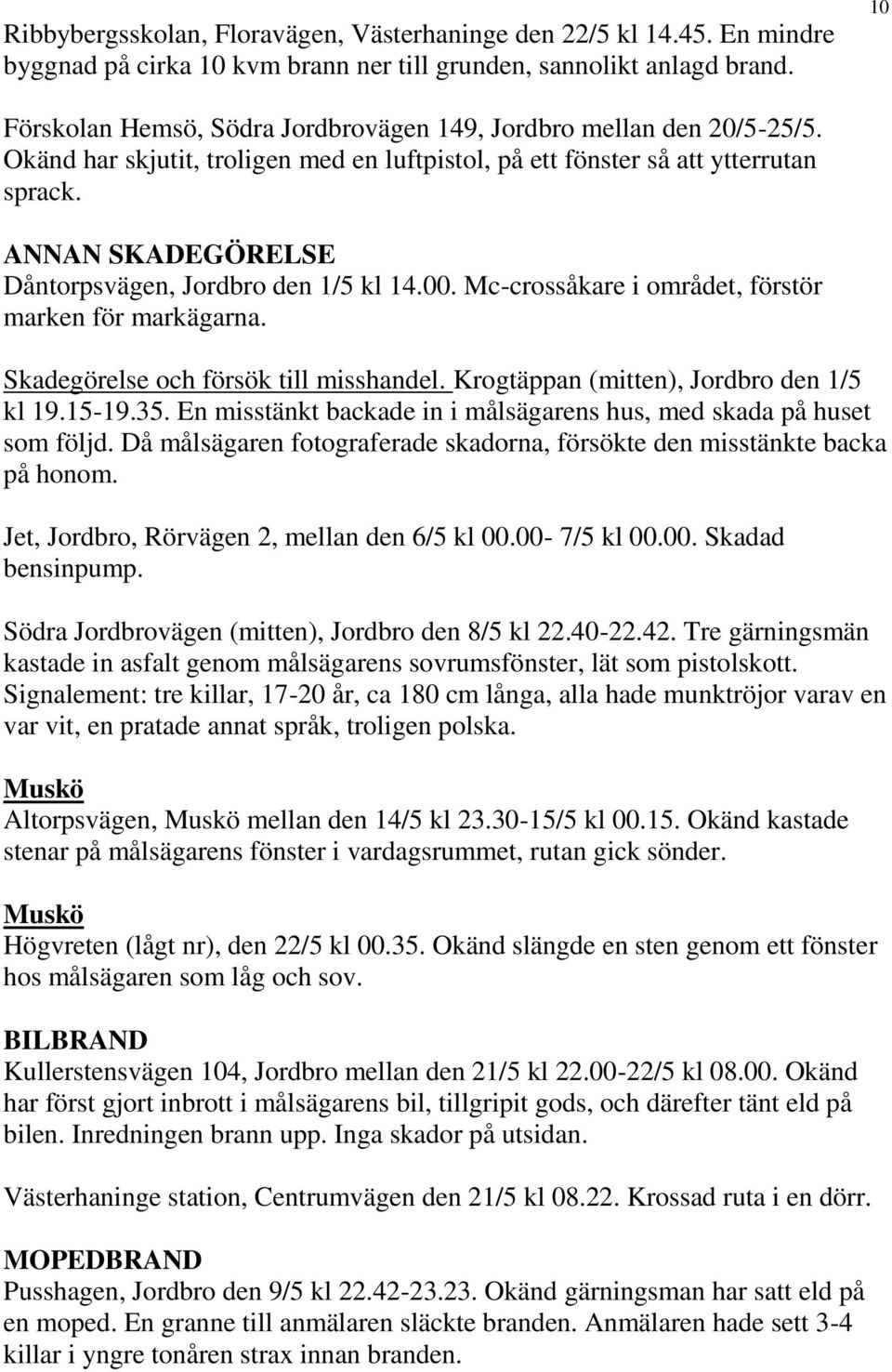 ANNAN SKADEGÖRELSE Dåntorpsvägen, Jordbro den 1/5 kl 14.00. Mc-crossåkare i området, förstör marken för markägarna. Skadegörelse och försök till misshandel. Krogtäppan (mitten), Jordbro den 1/5 kl 19.