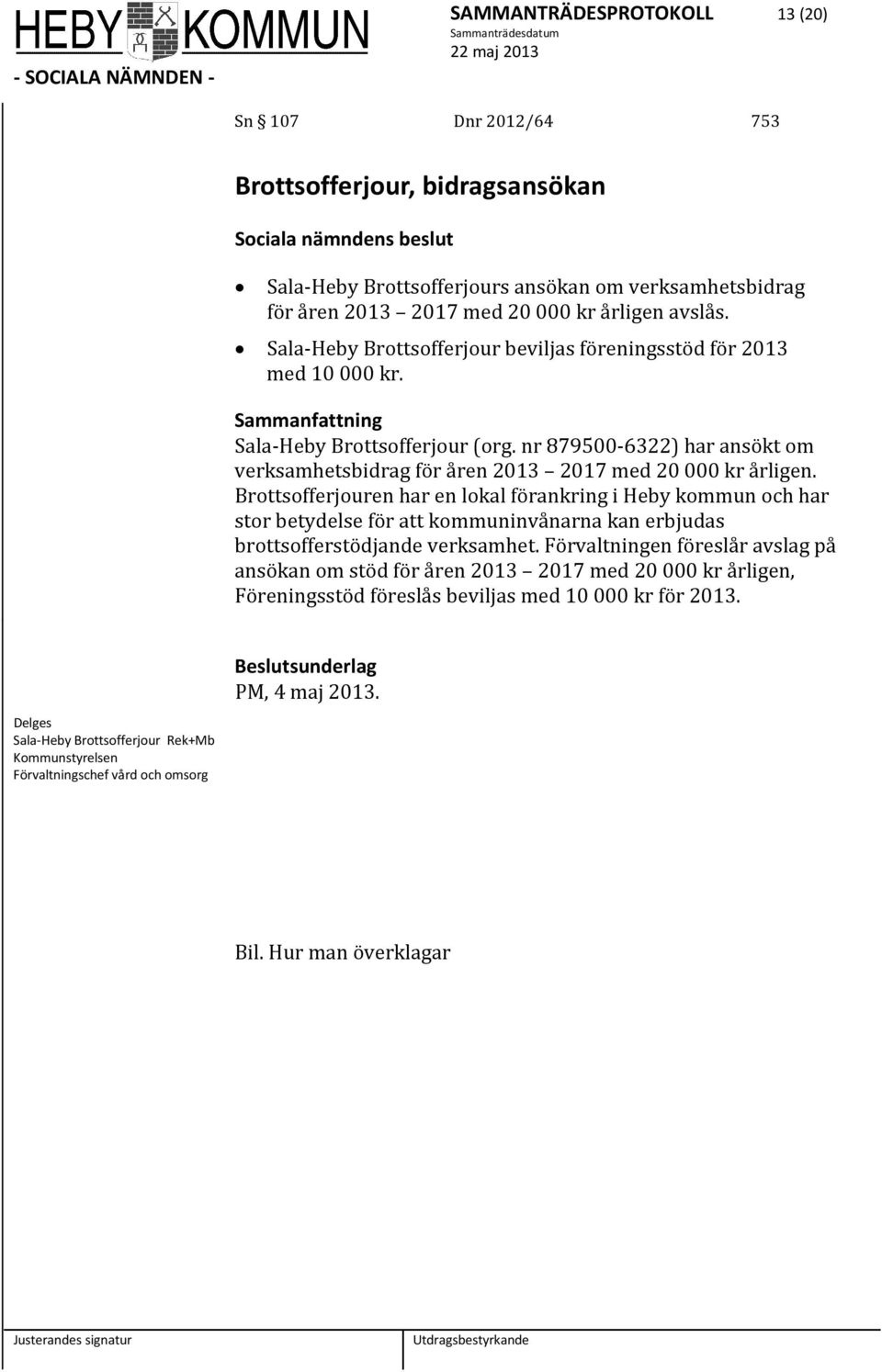 nr 879500-6322) har ansökt om verksamhetsbidrag för åren 2013 2017 med 20 000 kr årligen.