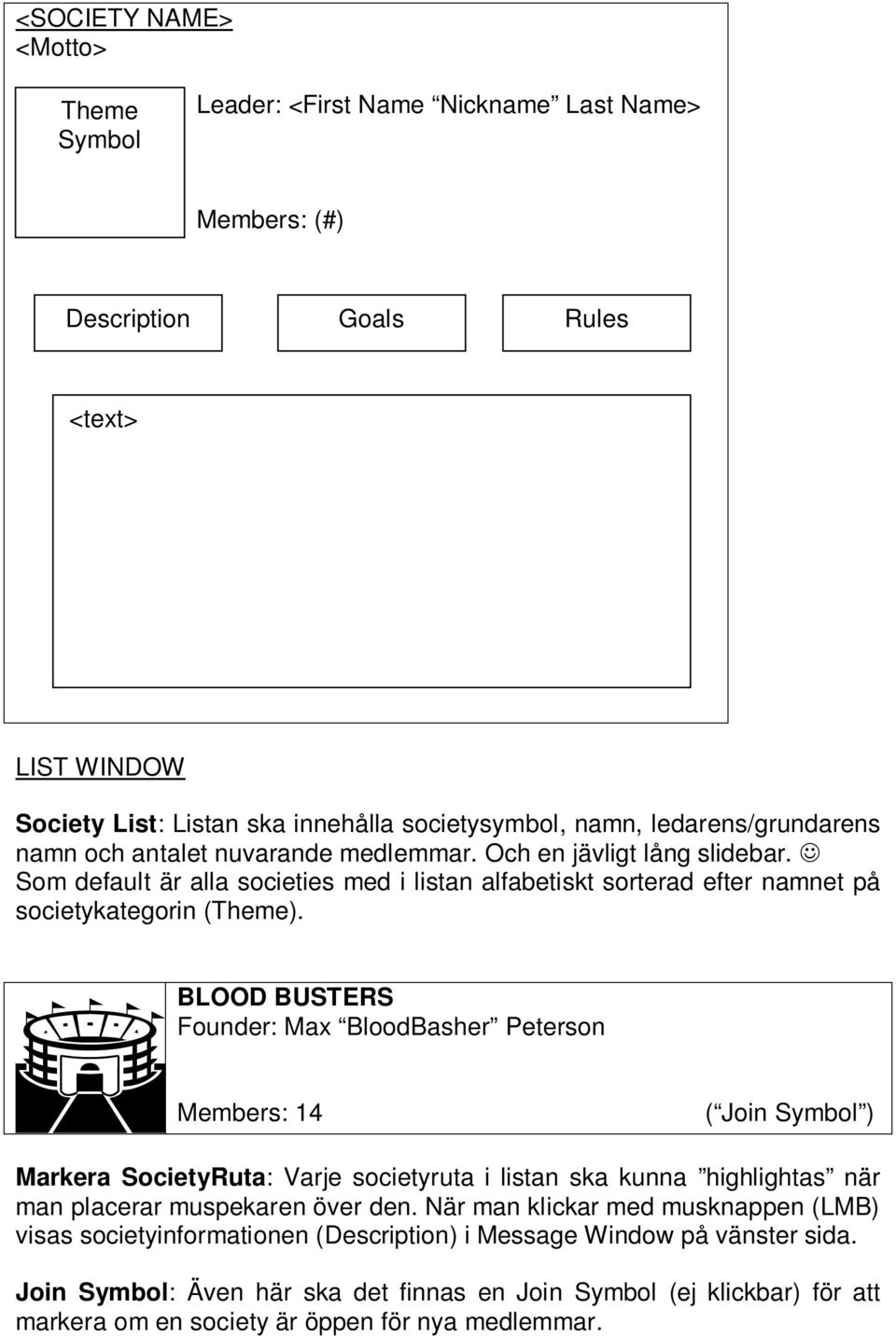 SBLOOD BUSTERS Founder: Max BloodBasher Peterson Members: 14 ( Join Symbol ) Markera SocietyRuta: Varje societyruta i listan ska kunna highlightas när man placerar muspekaren över den.