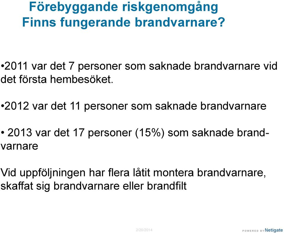 2012 var det 11 personer som saknade brandvarnare 2013 var det 17 personer (15%)