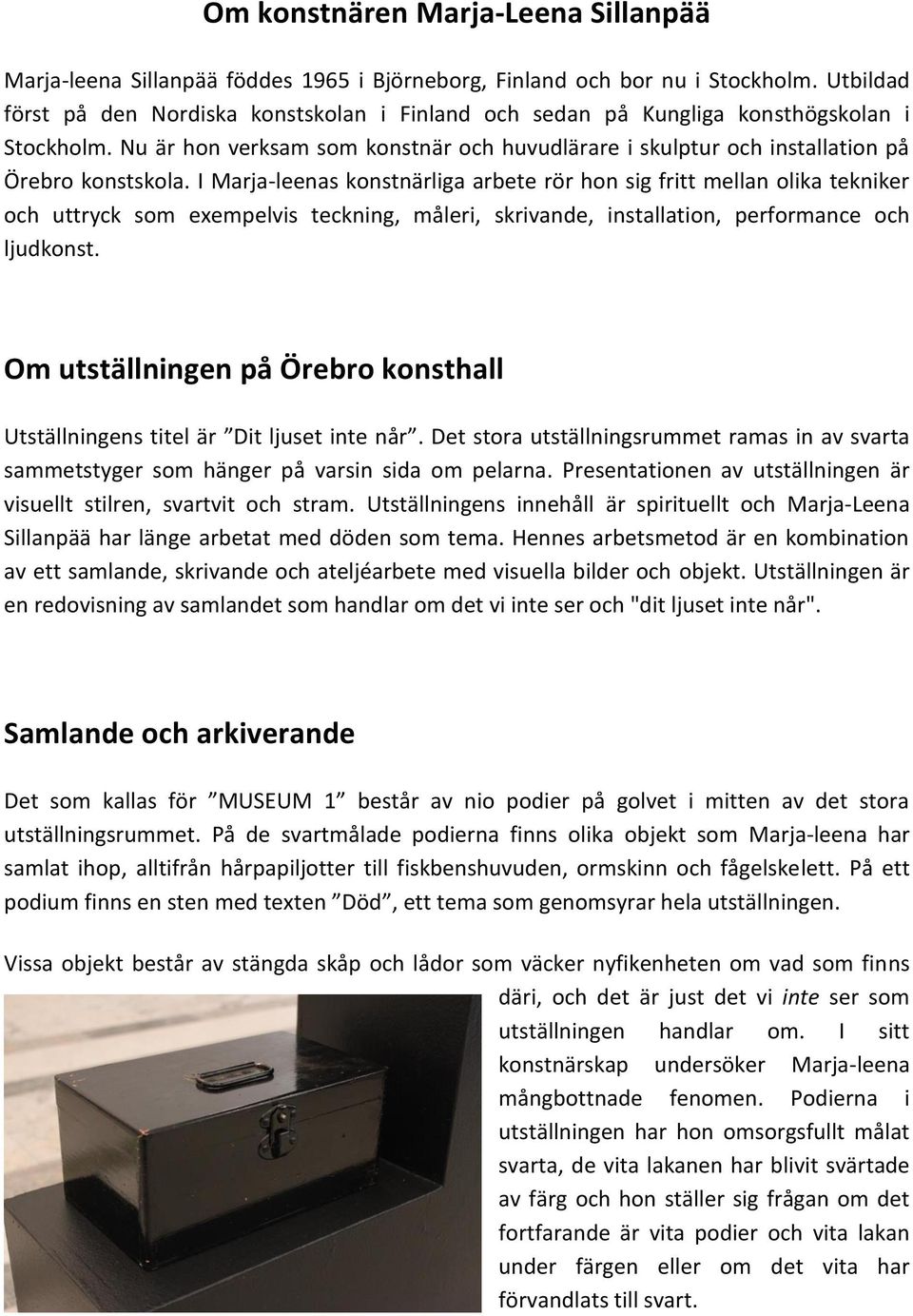 I Marja-leenas konstnärliga arbete rör hon sig fritt mellan olika tekniker och uttryck som exempelvis teckning, måleri, skrivande, installation, performance och ljudkonst.
