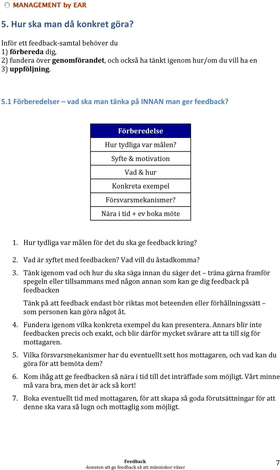 Hur tydliga var målen för det du ska ge feedback kring? 2. Vad är syftet med feedbacken? Vad vill du åstadkomma? 3.