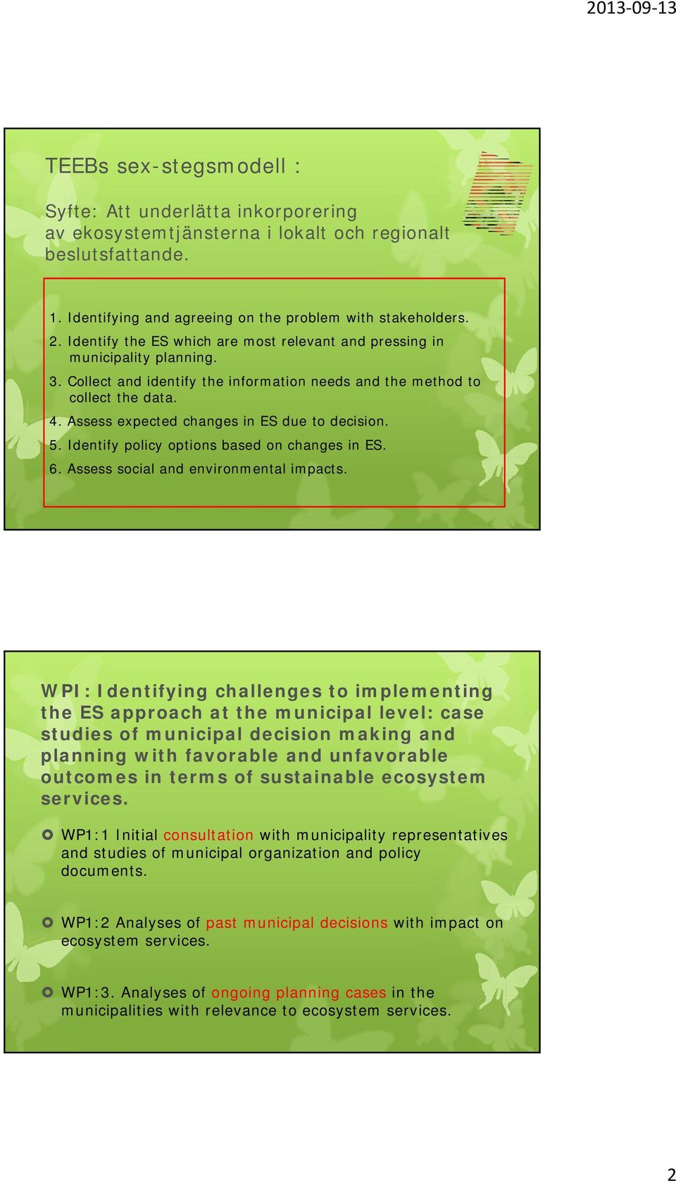 Assess expected changes in ES due to decision. 5. Identify policy options based on changes in ES. 6. Assess social and environmental impacts.