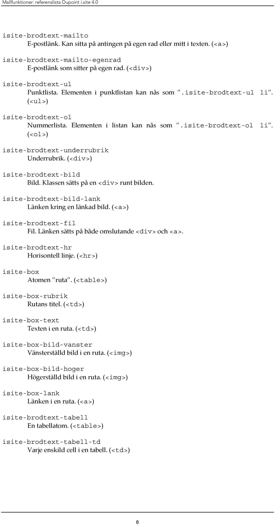 (<ul>) isite-brodtext-ol Nummerlista. Elementen i listan kan nås som.isite-brodtext-ol li. (<ol>) isite-brodtext-underrubrik Underrubrik. (<div>) isite-brodtext-bild Bild.