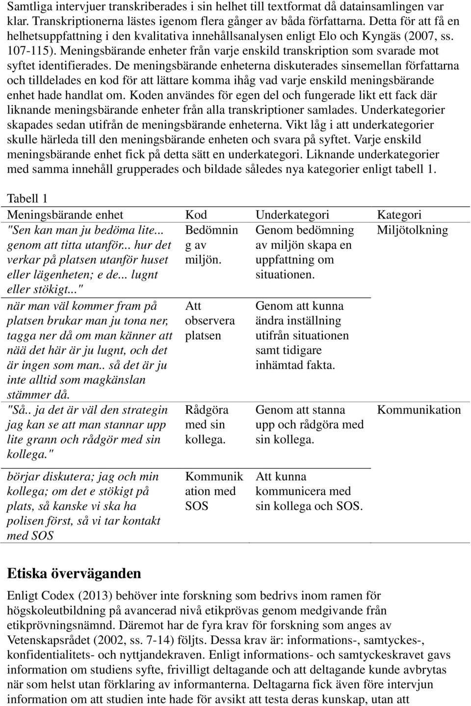 Meningsbärande enheter från varje enskild transkription som svarade mot syftet identifierades.