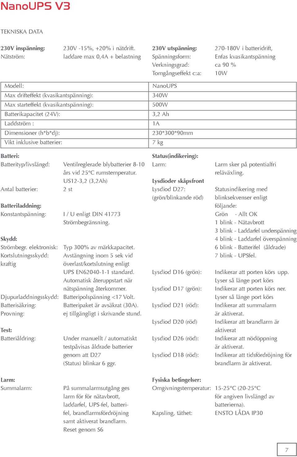 (kvasikantspänning): Max starteffekt (kvasikantspänning): Batterikapacitet (24V): Laddström : Dimensioner (h*b*dj): Vikt inklusive batterier: Batteri: Batterityp/livslängd: Ventilreglerade