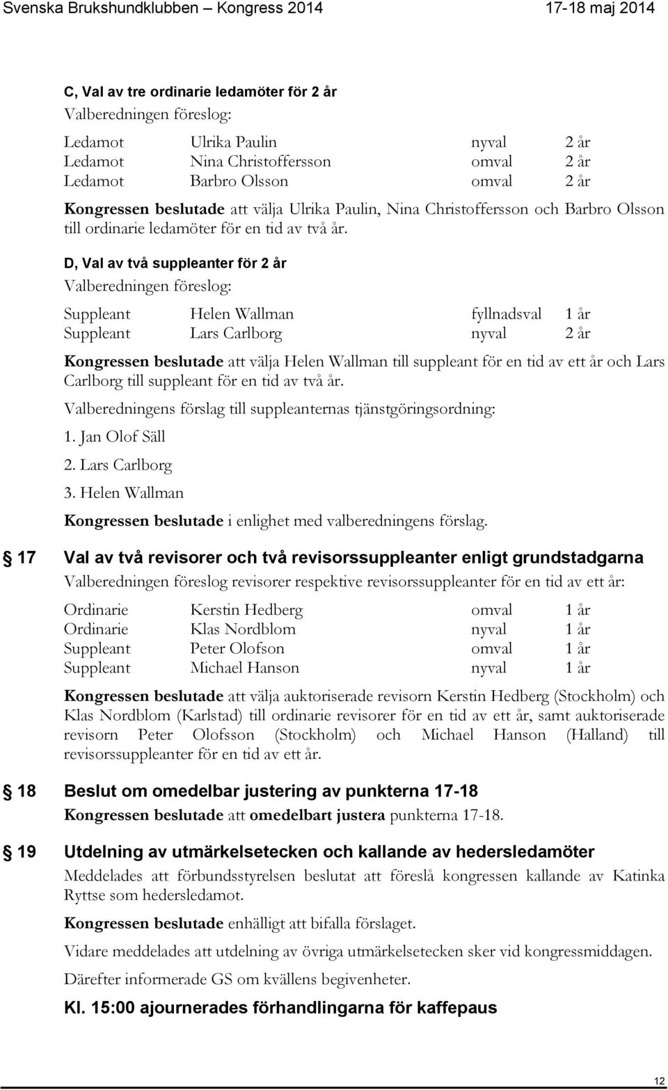 D, Val av två suppleanter för 2 år Valberedningen föreslog: Suppleant Helen Wallman fyllnadsval 1 år Suppleant Lars Carlborg nyval 2 år Kongressen beslutade att välja Helen Wallman till suppleant för