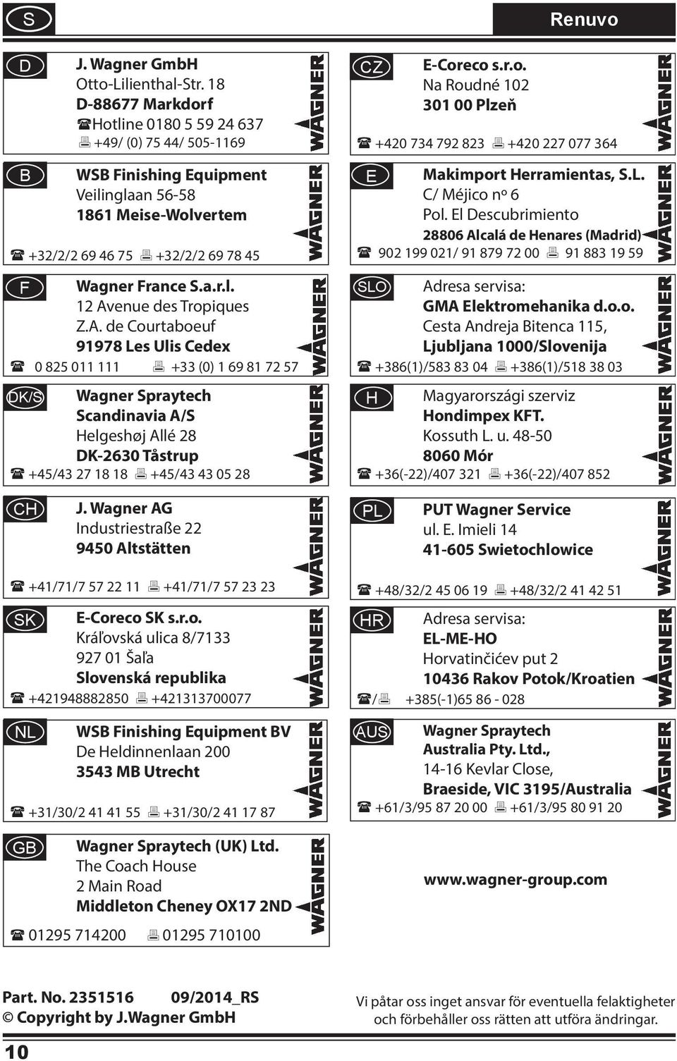 A. de Courtboeuf 91978 Les Uls Cedex 0 825 011 111 +33 (0) 1 69 81 72 57 DK/S Wgner Sprytech Scndnv A/S Helgeshøj Allé 28 DK-2630 Tåstrup +45/43 27 18 18 +45/43 43 05 28 CZ E-Coreco s.r.o. N Roudné 102 301 00 Plzeň Renuvo +420 734 792 823 +420 227 077 364 E Mkmport Herrments, S.