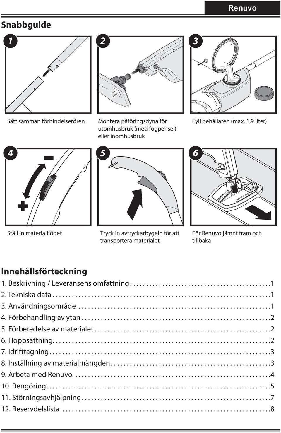 Beskrvnng / Levernsens omfttnng...1 2. Teknsk dt...1 3. Användnngsområde...1 4. Förbehndlng v ytn...2 5. Förberedelse v mterlet...2 6. Hoppsättnng....................................................................2 7.