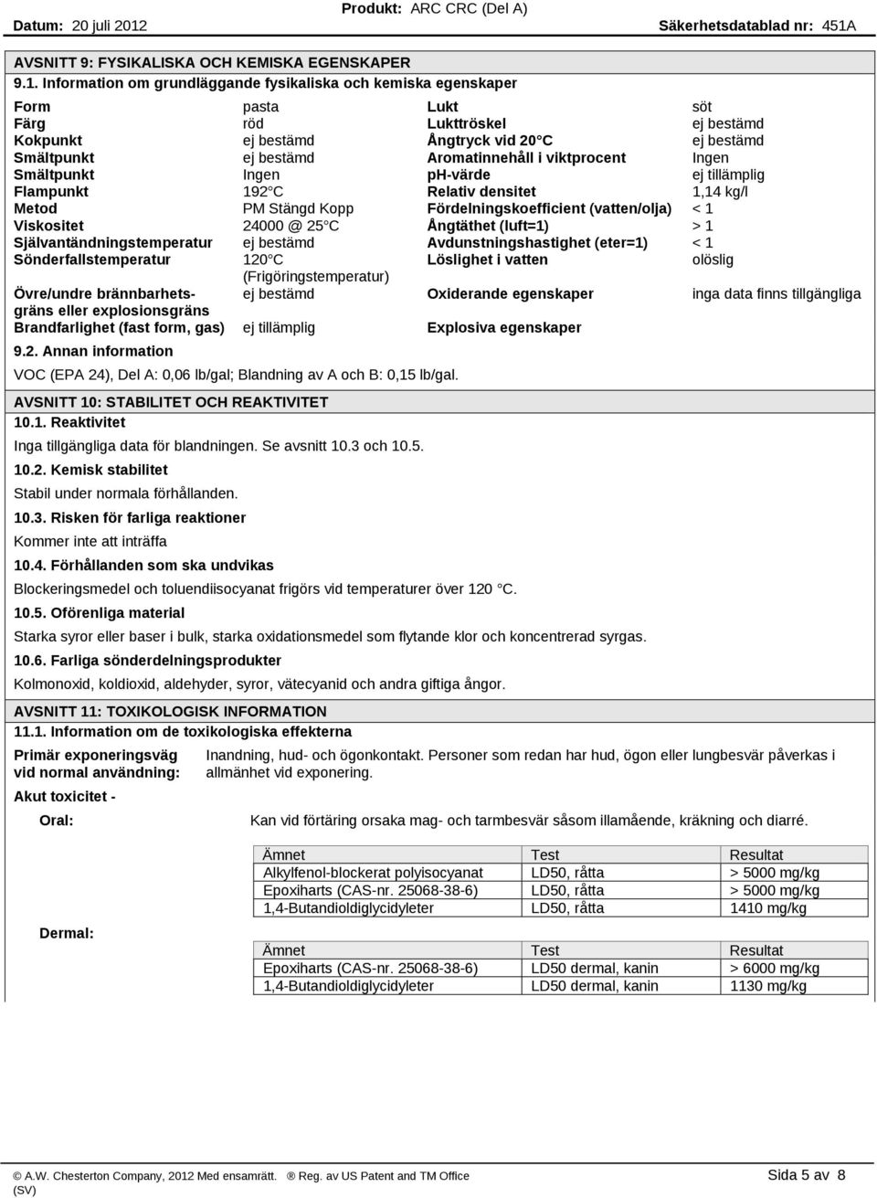 Aromatinnehåll i viktprocent Ingen Smältpunkt Ingen ph värde ej tillämplig Flampunkt 192 C Relativ densitet 1,14 kg/l Metod PM Stängd Kopp Fördelningskoefficient (vatten/olja) < 1 Viskositet 24000 @