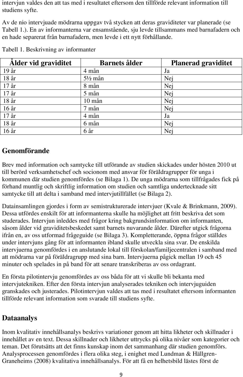 En av informanterna var ensamstående, sju levde tillsammans med barnafadern och en hade separerat från barnafadern, men levde i ett nytt förhållande. Tabell 1.