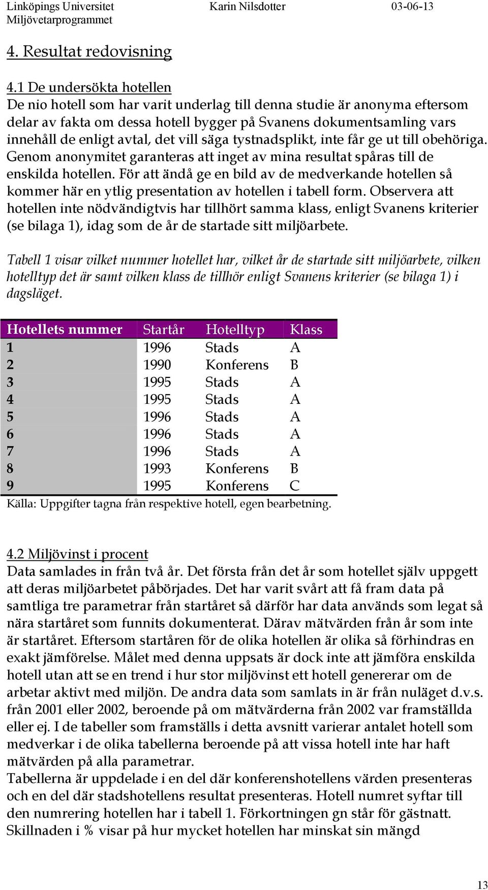 vill säga tystnadsplikt, inte får ge ut till obehöriga. Genom anonymitet garanteras att inget av mina resultat spåras till de enskilda hotellen.