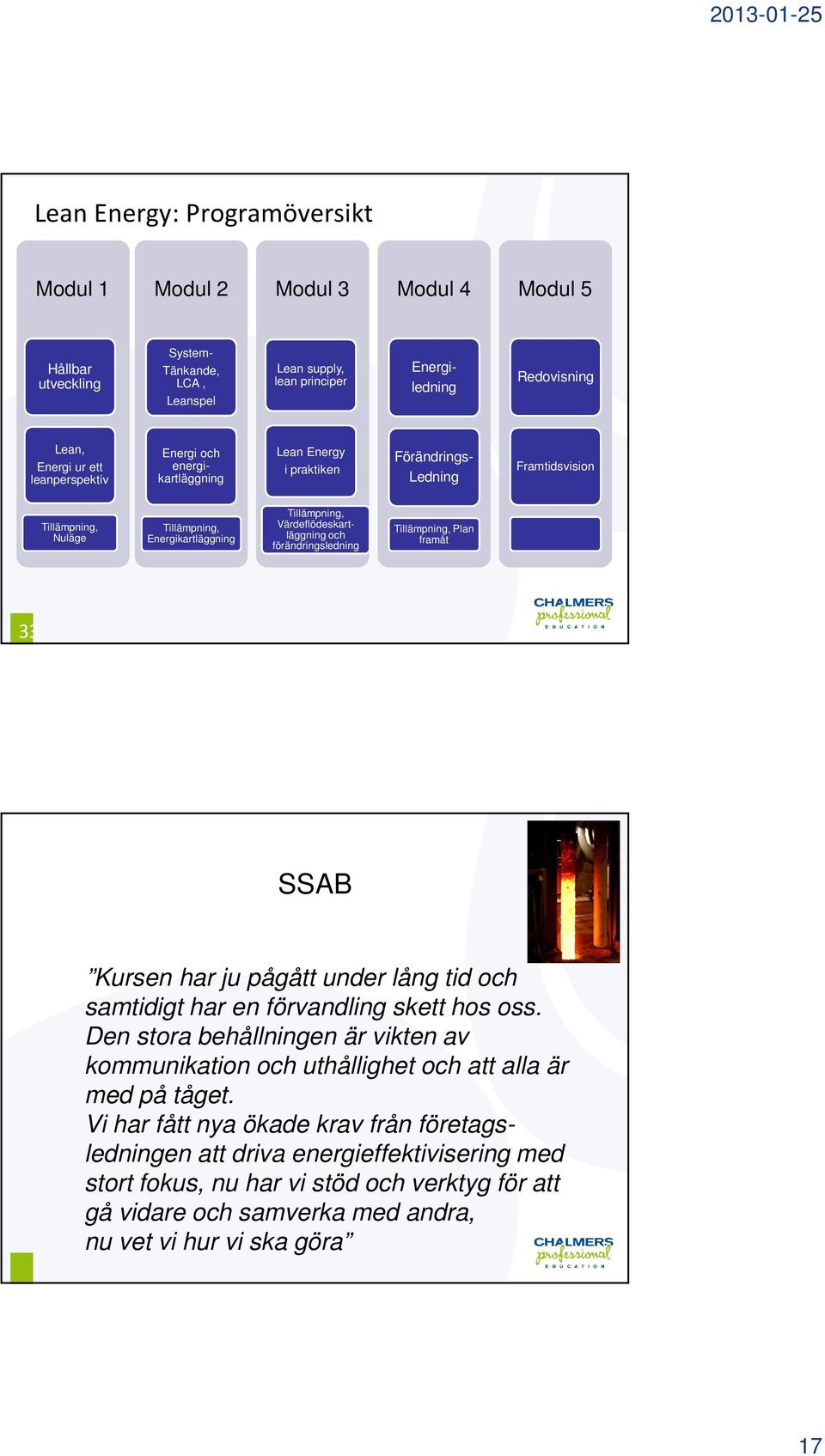 förändringsledning Tillämpning, Plan framåt 33 SSAB Kursen har ju pågått under lång tid och samtidigt har en förvandling skett hos oss.