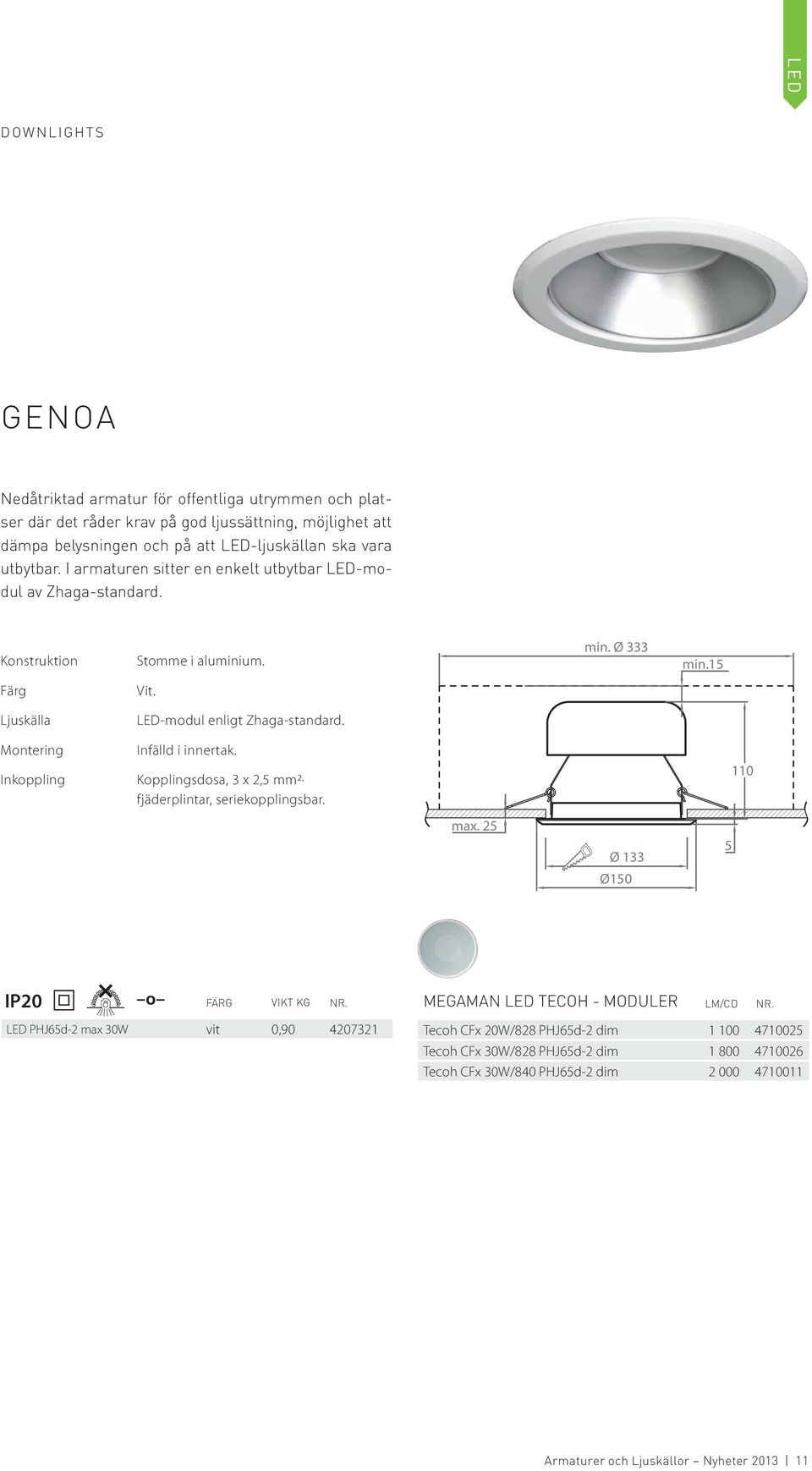 Inkoppling Infälld i innertak. Kopplingsdosa, 3 x 2,5 mm2, fjäderplintar, seriekopplingsbar. 110 max. 25 Ø 133 Ø150 5 IP20 FÄRG VIKT KG NR. MEGAMAN LED TECOH - MODULER LM/CD NR.