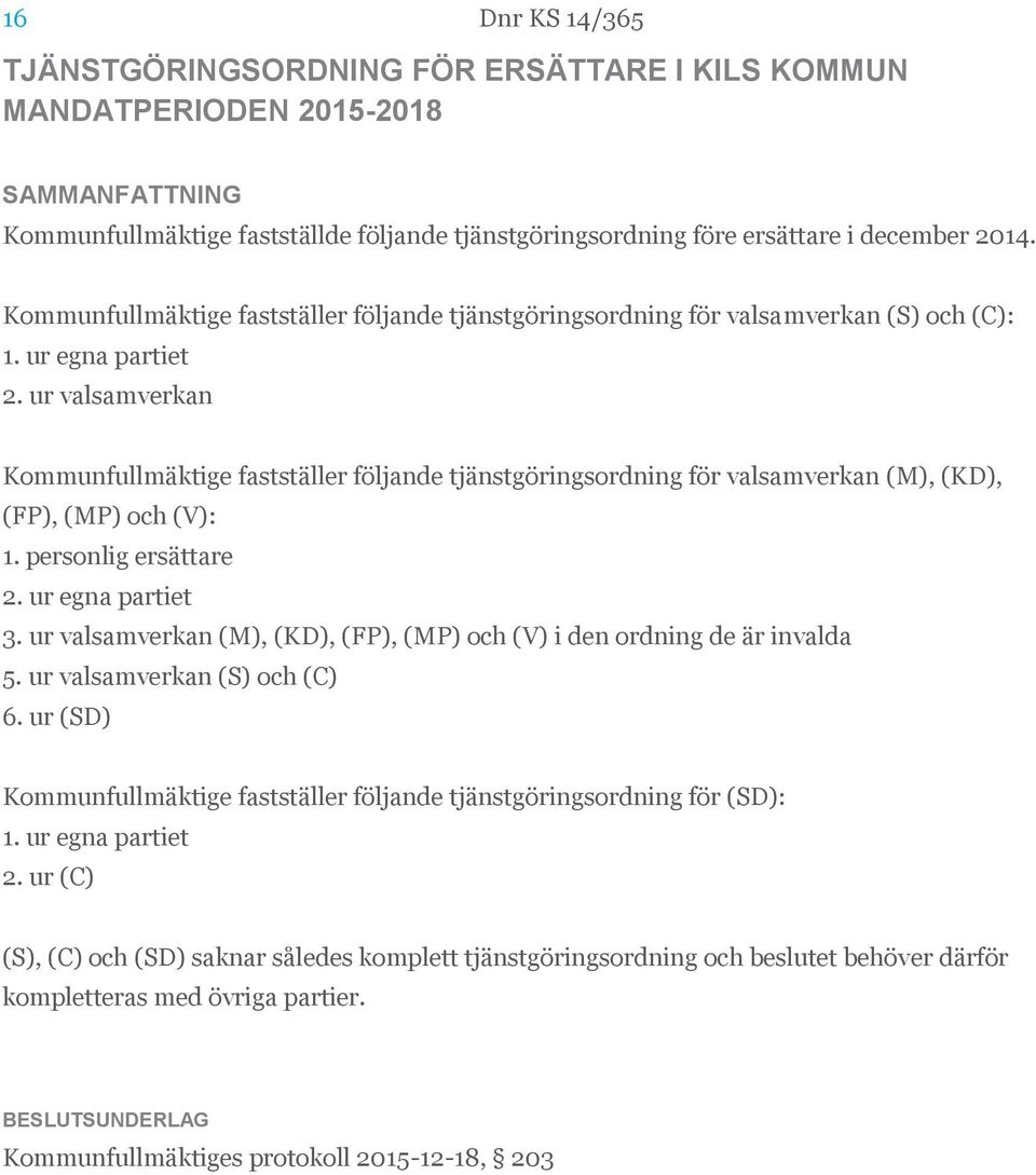 ur valsamverkan Kommunfullmäktige fastställer följande tjänstgöringsordning för valsamverkan (M), (KD), (FP), (MP) och (V): 1. personlig ersättare 2. ur egna partiet 3.