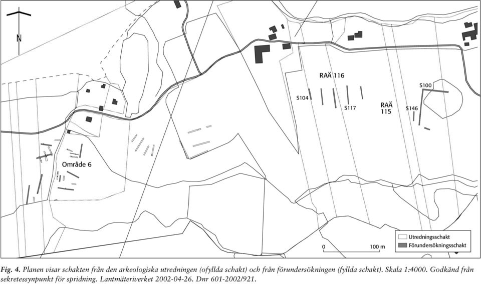 Planen visar schakten från den arkeologiska utredningen (ofyllda schakt) och