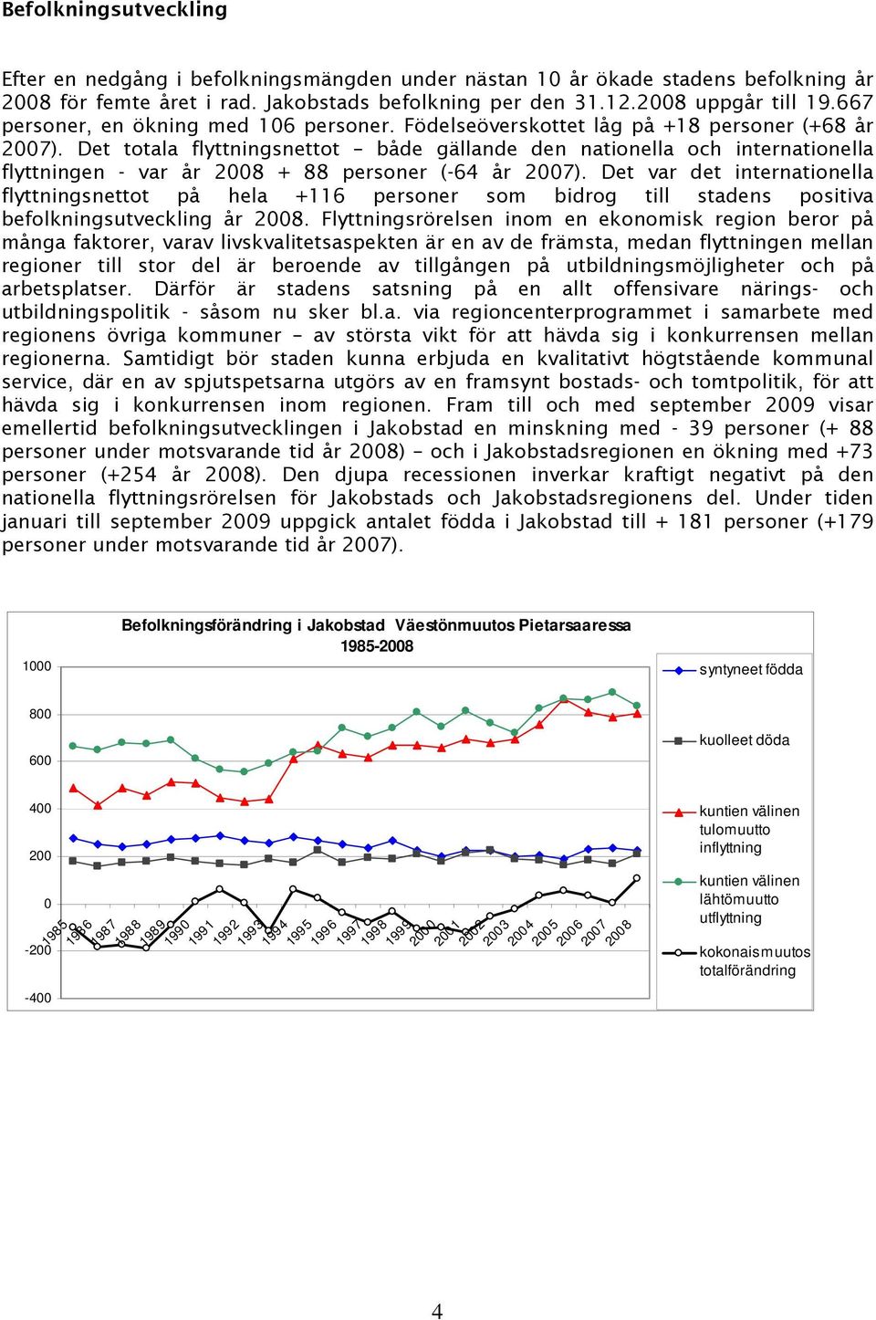 Det totala flyttningsnettot både gällande den nationella och internationella flyttningen - var år 2008 + 88 personer (-64 år 2007).