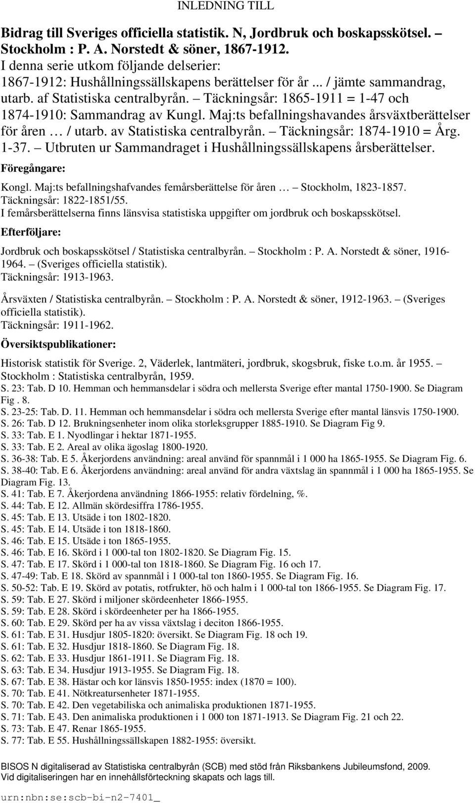 I denna serie utkom följande delserier: 1867-1912: Hushållningssällskapens berättelser för år... / jämte sammandrag, utarb. af Statistiska centralbyrån.
