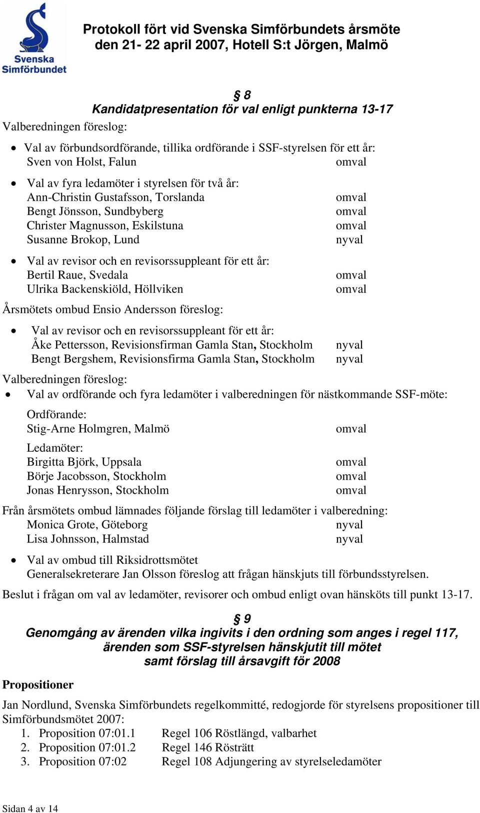 Svedala Ulrika Backenskiöld, Höllviken Årsmötets ombud Ensio Andersson föreslog: Val av revisor och en revisorssuppleant för ett år: Åke Pettersson, Revisionsfirman Gamla Stan, Stockholm Bengt