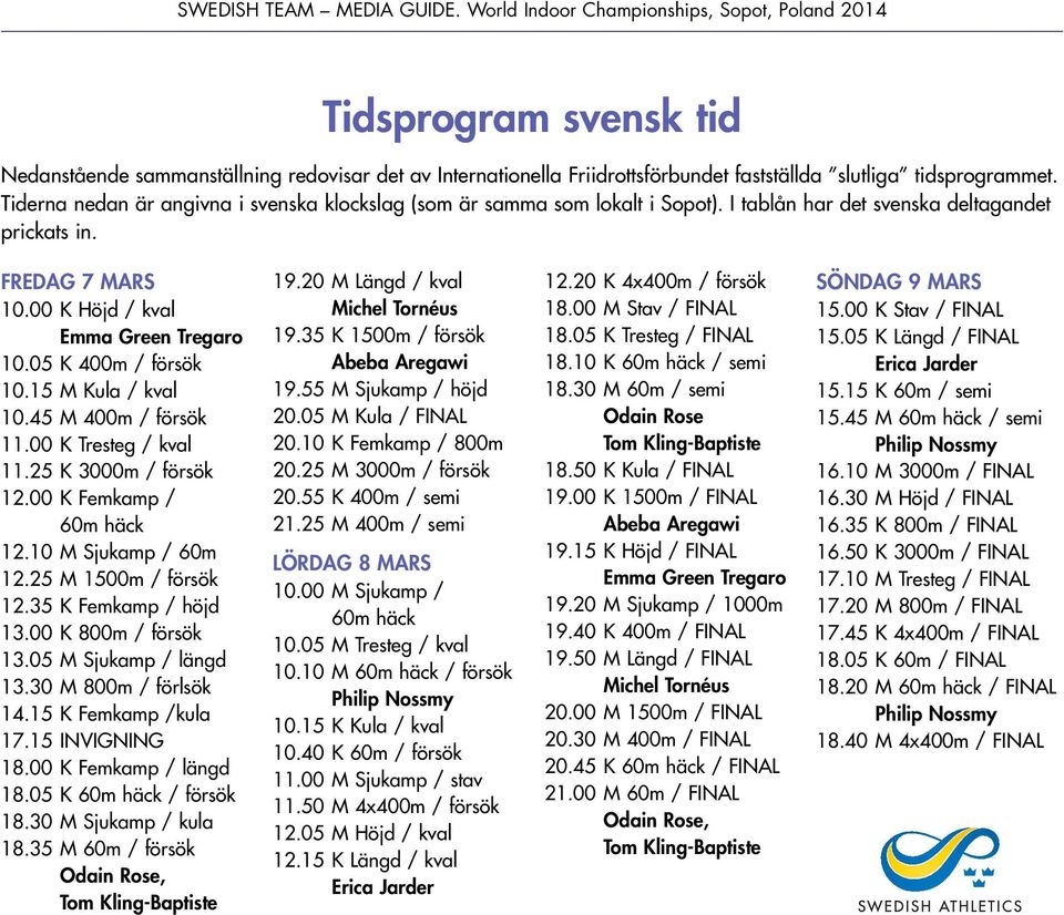 05 K 400m / försök 10.15 M Kula / kval 10.45 M 400m / försök 11.00 K Tresteg / kval 11.25 K 3000m / försök 12.00 K Femkamp / 60m häck 12.10 M Sjukamp / 60m 12.25 M 1500m / försök 12.