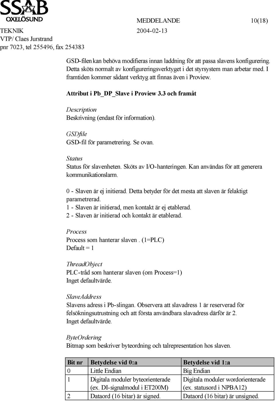 Se ovan. Status Status för slavenheten. Sköts av I/O-hanteringen. Kan användas för att generera kommunikationslarm. 0 - Slaven är ej initierad.