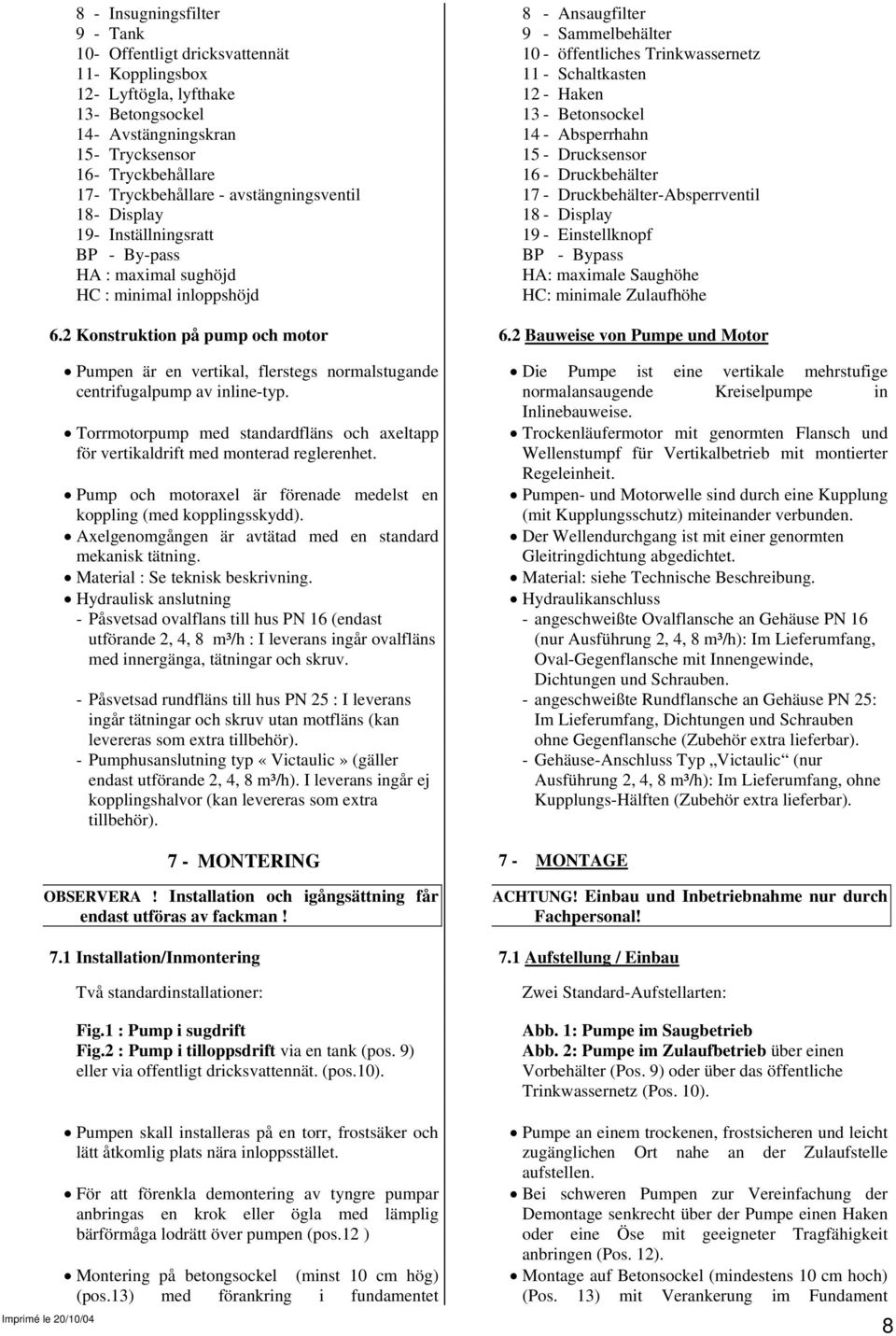 Druckbehälter-Absperrventil 18 - Display 18 - Display 19 - Inställningsratt 19 - Einstellknopf BP - By-pass BP - Bypass HA : maximal sughöjd HA: maximale Saughöhe HC : minimal inloppshöjd HC: