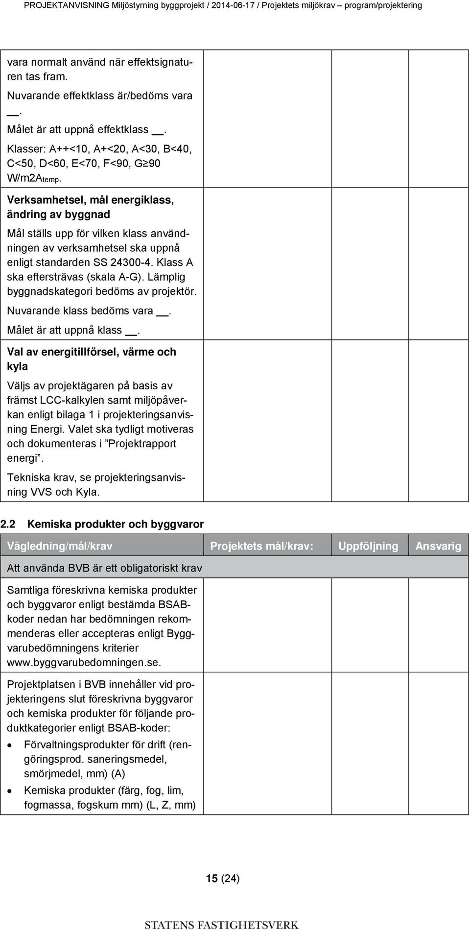 Verksamhetsel, mål energiklass, ändring av byggnad Mål ställs upp för vilken klass användningen av verksamhetsel ska uppnå enligt standarden SS 24300-4. Klass A ska eftersträvas (skala A-G).