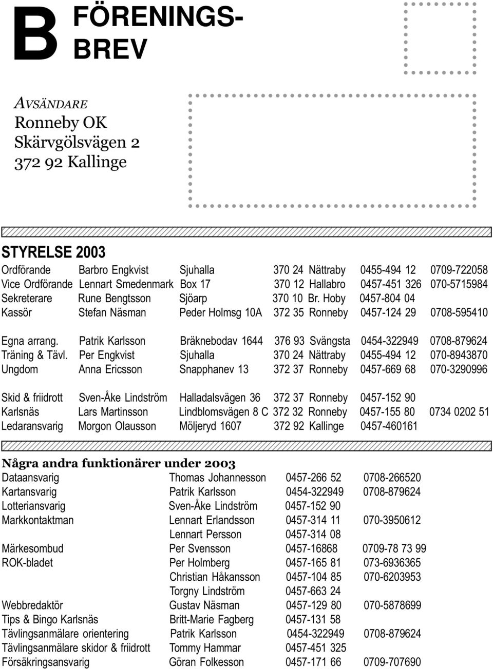 STYRELSE 2003 Ordförande Barbro Engkvist Sjuhalla 370 24 Nättraby 0455-494 12 0709-722058 Vice Ordförande Lennart Smedenmark Box 17 370 12 Hallabro 0457-451 326 070-5715984 Sekreterare Rune Bengtsson