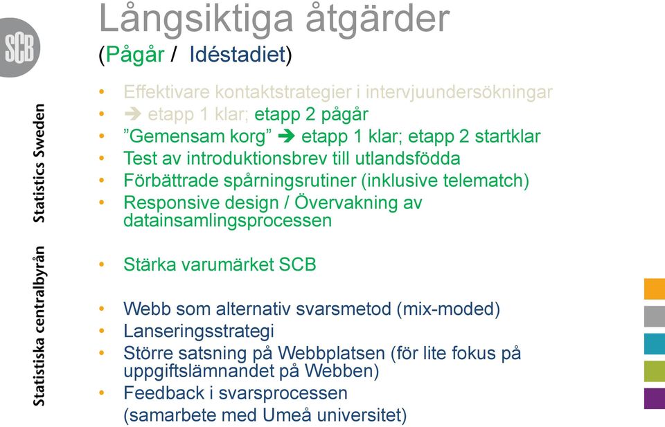 Responsive design / Övervakning av datainsamlingsprocessen Stärka varumärket SCB Webb som alternativ svarsmetod (mix-moded)