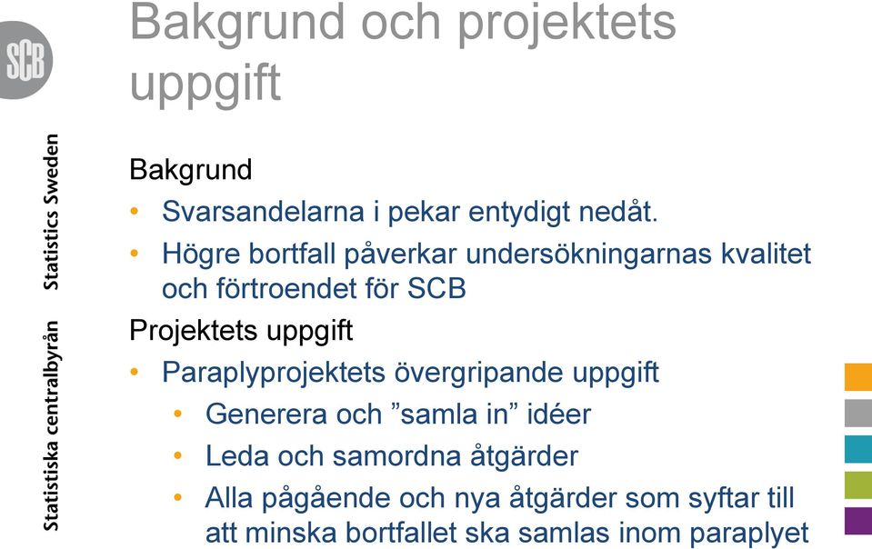 uppgift Paraplyprojektets övergripande uppgift Generera och samla in idéer Leda och