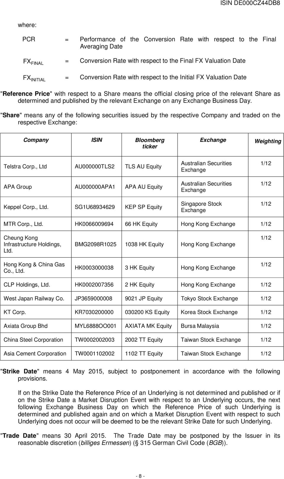 Day. "Share" means any of the following securities issued by the respective Company and traded on the respective : Company ISIN Bloomberg ticker Weighting Telstra Corp.