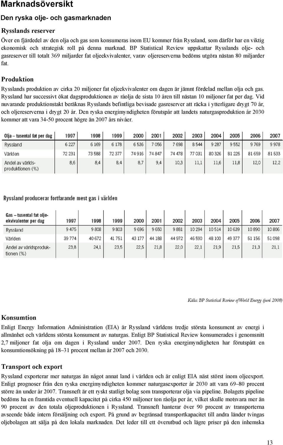 BP Statistical Review uppskattar Rysslands olje- och gasreserver till totalt 369 miljarder fat oljeekvivalenter, varav oljereserverna bedöms utgöra nästan 80 miljarder fat.