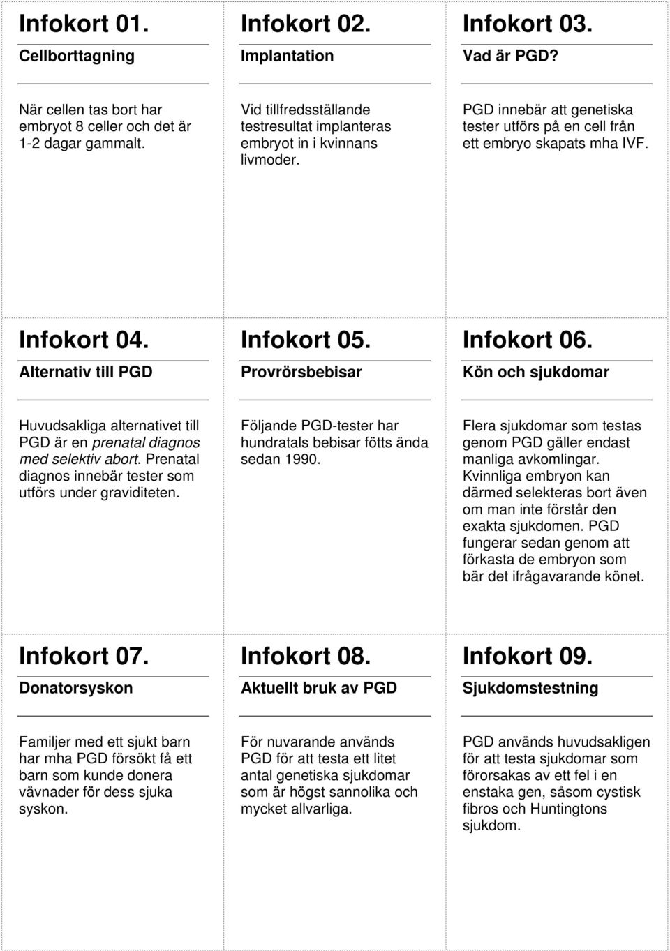 Alternativ till PGD Infokort 05. Provrörsbebisar Infokort 06. Kön och sjukdomar Huvudsakliga alternativet till PGD är en prenatal diagnos med selektiv abort.