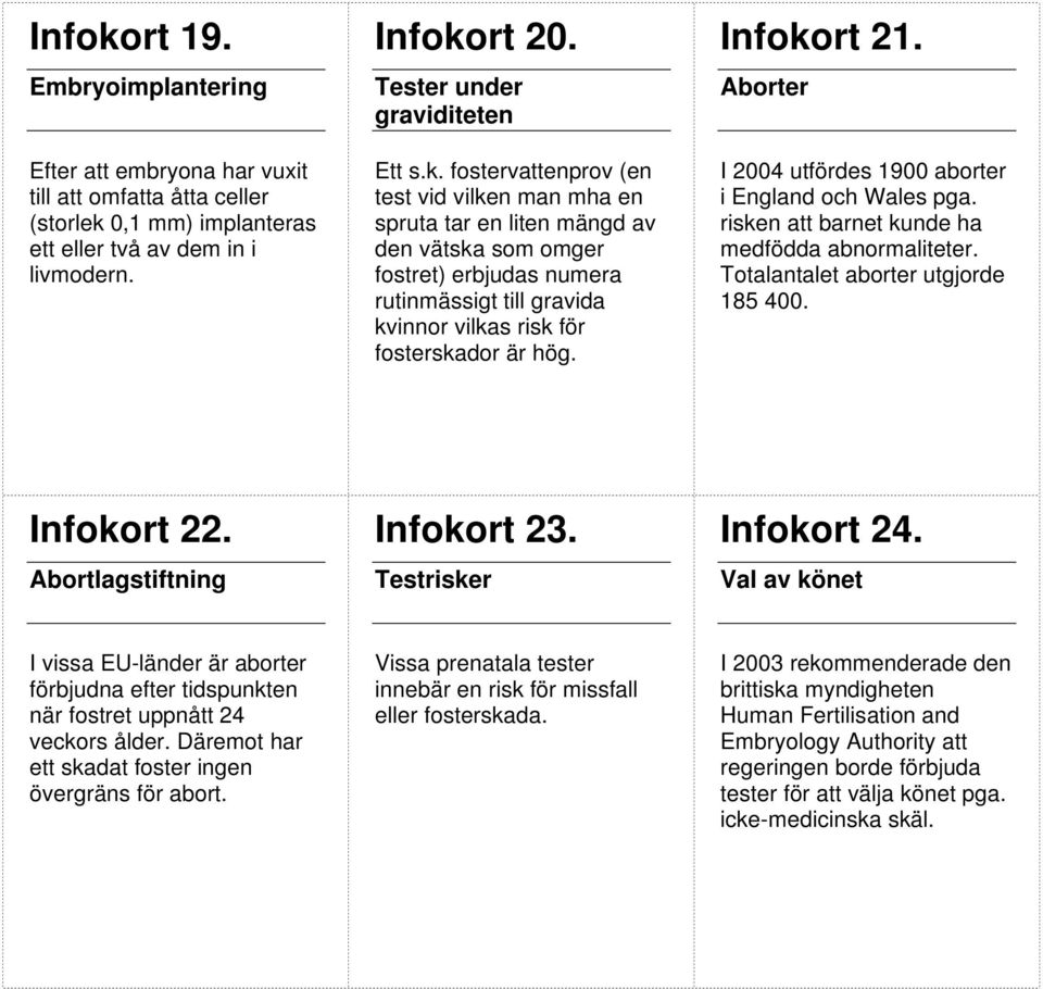 fostervattenprov (en test vid vilken man mha en spruta tar en liten mängd av den vätska som omger fostret) erbjudas numera rutinmässigt till gravida kvinnor vilkas risk för fosterskador är hög.