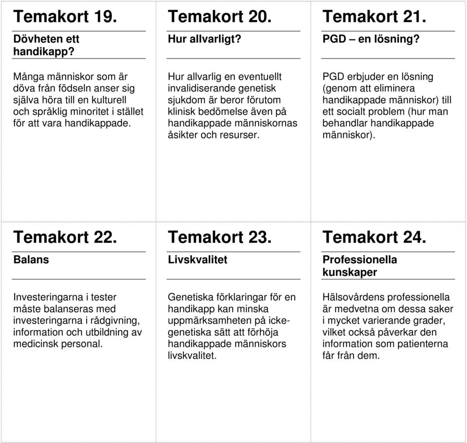 PGD erbjuder en lösning (genom att eliminera handikappade människor) till ett socialt problem (hur man behandlar handikappade människor). Temakort 22.