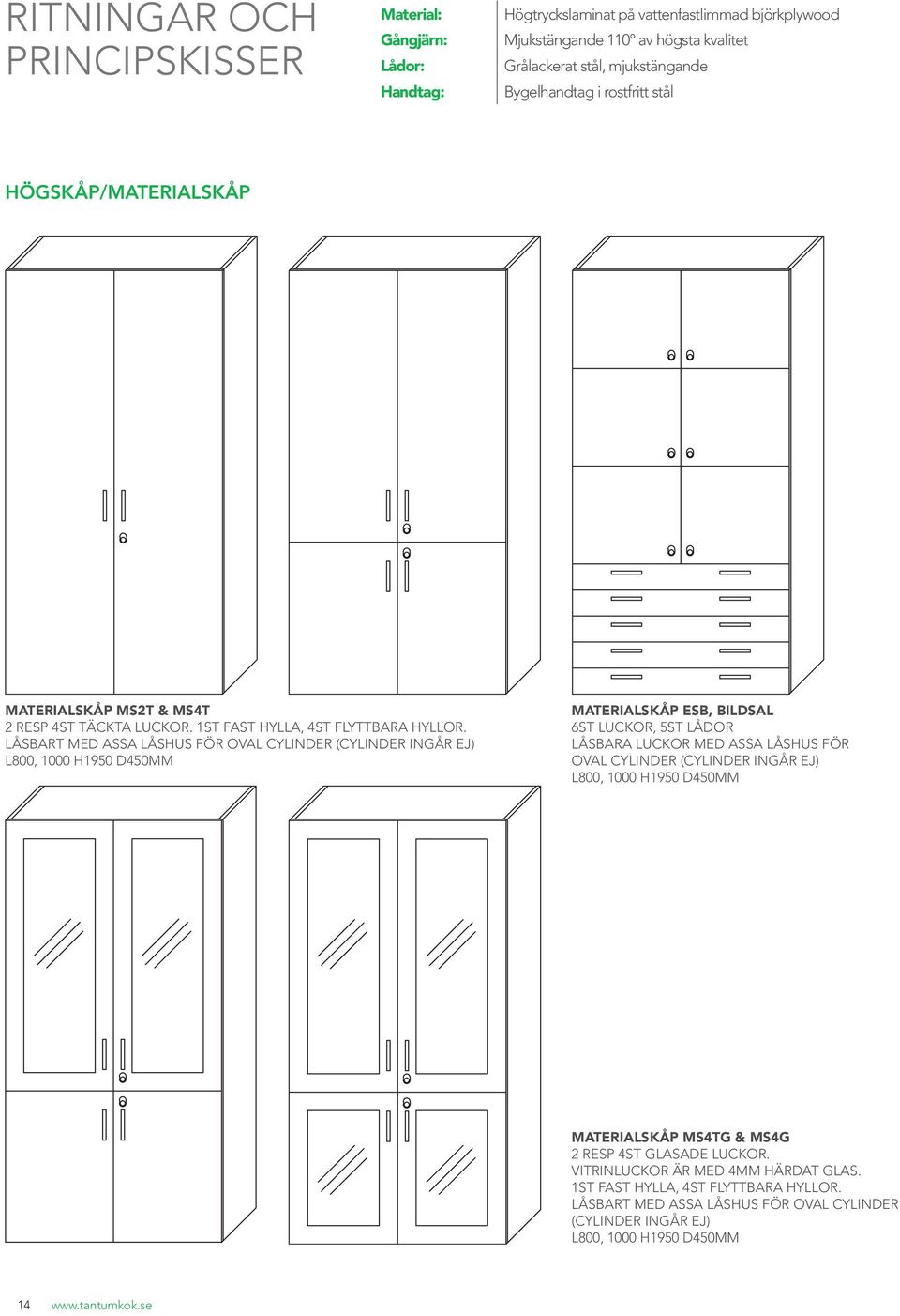 Låsbart med ASSA låshus för oval cylinder (cylinder ingår ej) L800, 1000 H1950 D450MM Materialskåp ESB, bildsal 6st luckor, 5st lådor Låsbara luckor med ASSA låshus för oval cylinder (cylinder