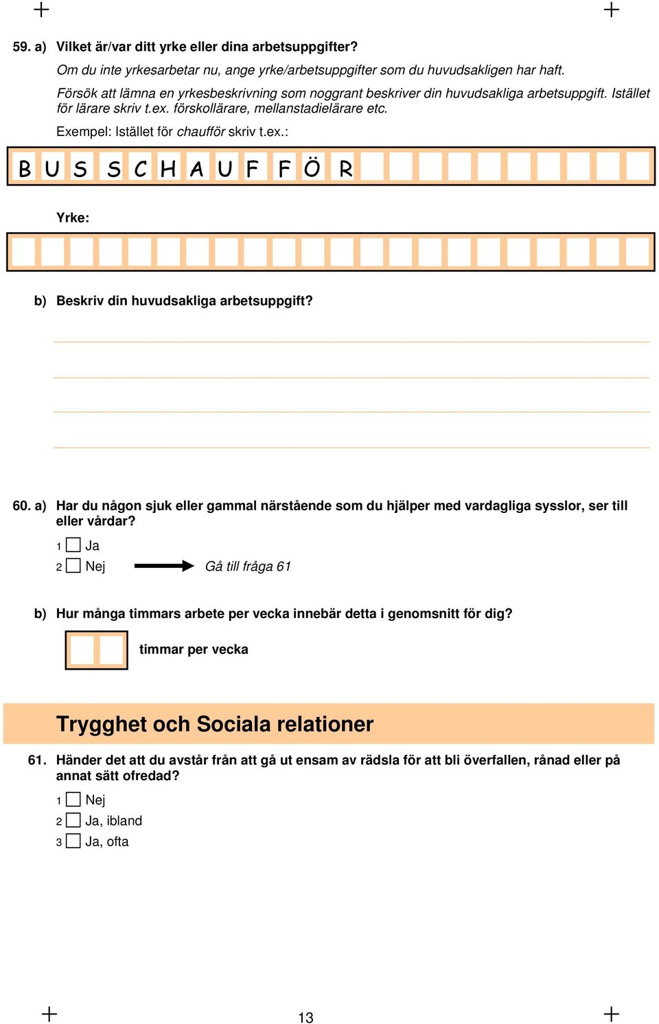 Exempel: Istället för chaufför skriv t.ex.: B U S S C H A U F F Ö R Yrke: b) Beskriv din huvudsakliga arbetsuppgift? 60.