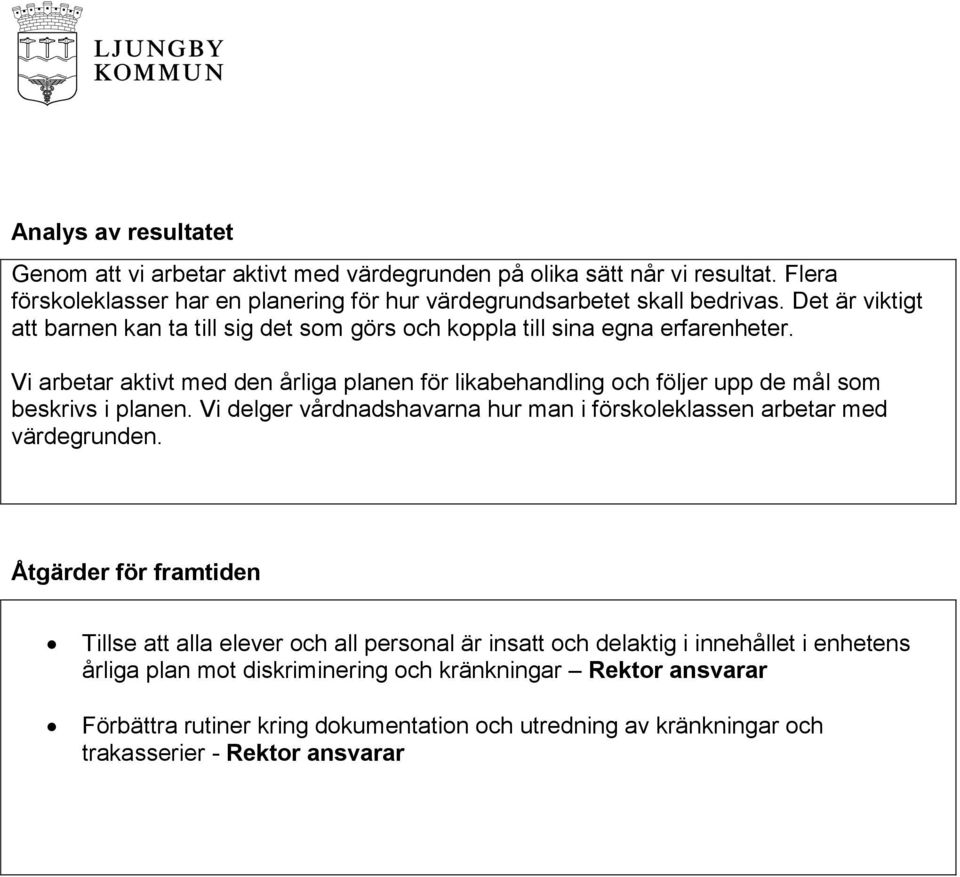 Vi arbetar aktivt med den årliga planen för likabehandling och följer upp de mål som beskrivs i planen. Vi delger vårdnadshavarna hur man i förskoleklassen arbetar med värdegrunden.